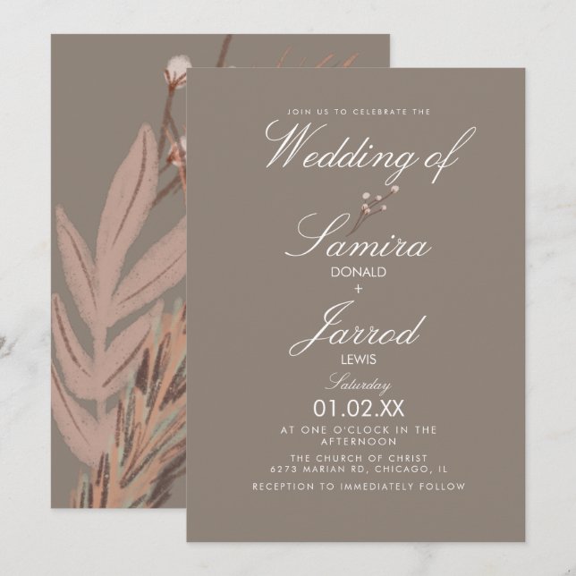 Invitation Mariage Terreux de Coton des Pampas Modernes (Devant / Derrière)