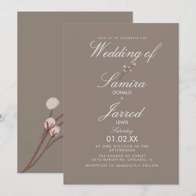 Invitation Mariage Terreux de Plante de Coton Minimal (Devant / Derrière)