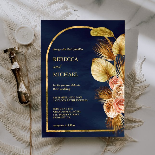 Invitation Mariage Terreux Floral Arch Palm Séché Bleu Marine (Créateur téléchargé)