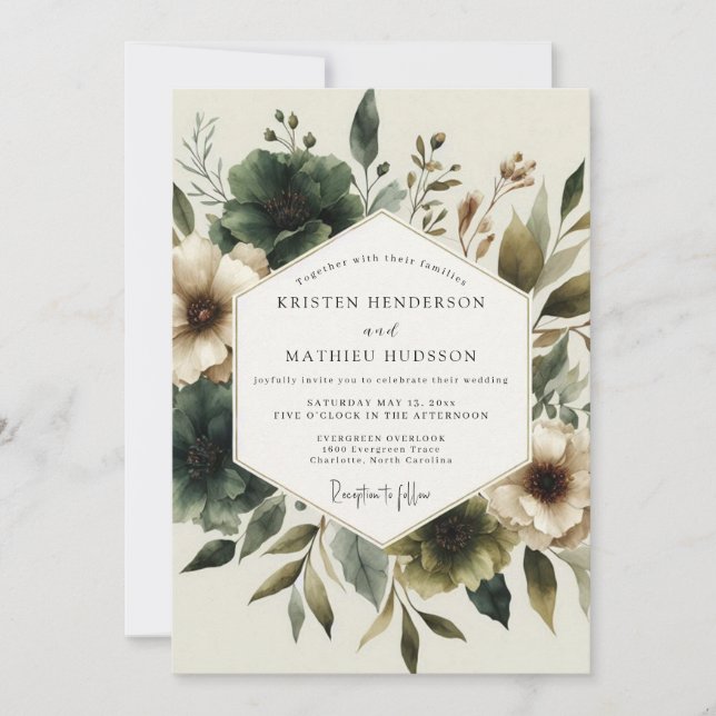 Invitation Mariage Terreux Vert Chasseur Flora (Devant)