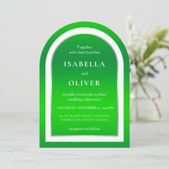 Invitation Mariage texte blanc vert gazon naturel (Debout devant)