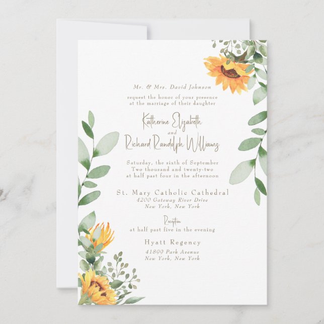 Invitation Mariage Texte Or Feuillage Tournesol Élégant (Devant)