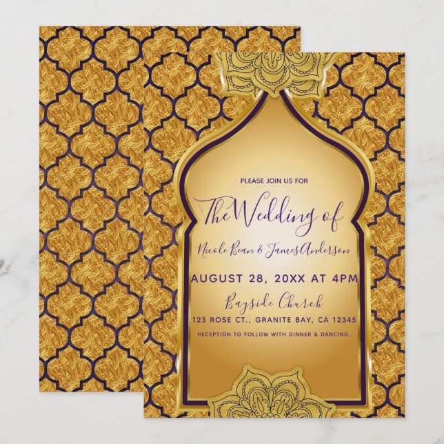 Invitation Mariage Thématique Royal Indien Arabe Violet Or (Devant / Derrière)