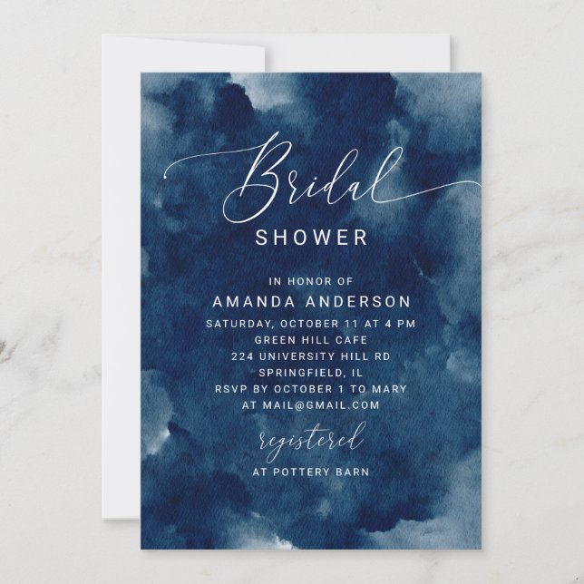 Invitation Mariage Thème Aquarelle Bleu Marine. Moderne Côtiè (Devant)