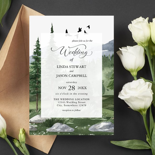 Invitation Mariage Thème Aquarelle Rustique de la Forêt de Pi (Rustic pine forest watercolor invitation sets a calm, nature-inspired tone for your wedding.)