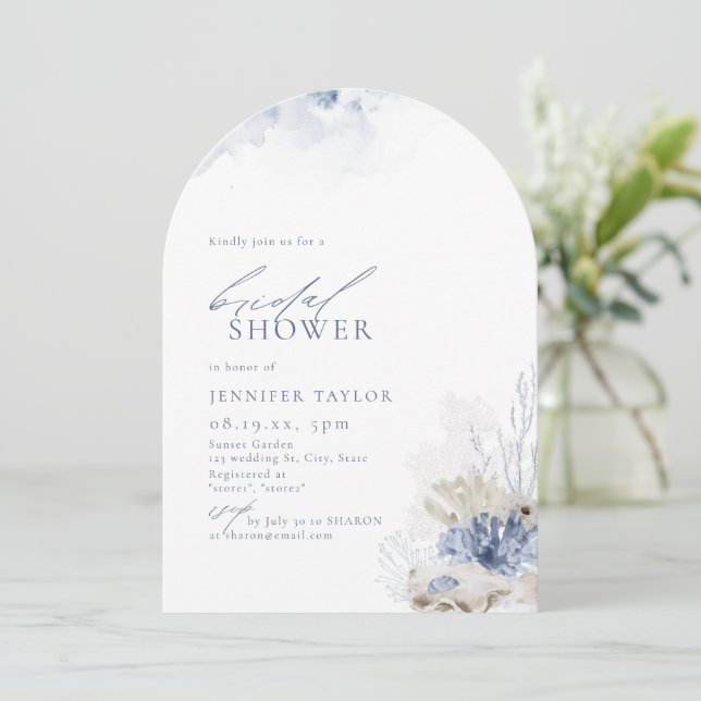 Invitation Mariage thème corail bleu et coquillages de plage (Debout devant)