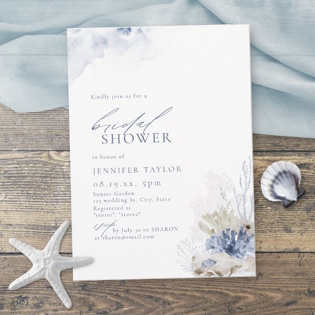 Invitation Mariage thème corail bleu et coquillages de plage (Blue coral & seashells beach themed Bridal Shower Invitation)