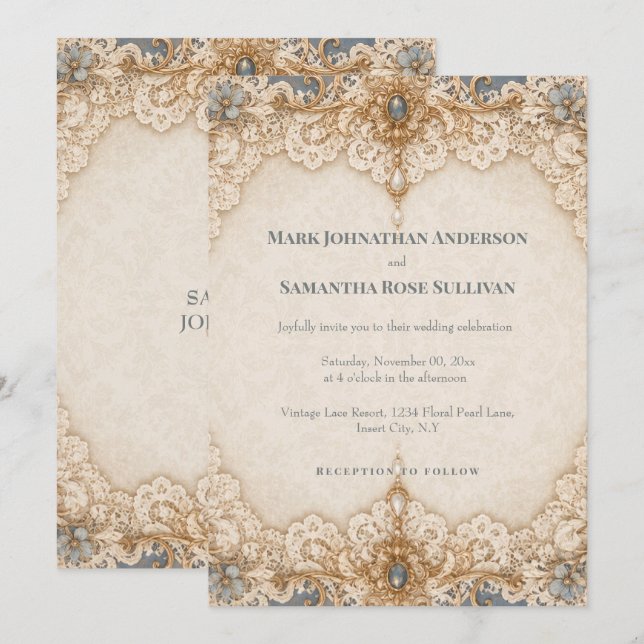 Invitation Mariage thème dentelle de campagne taupe ivoire (Devant / Derrière)