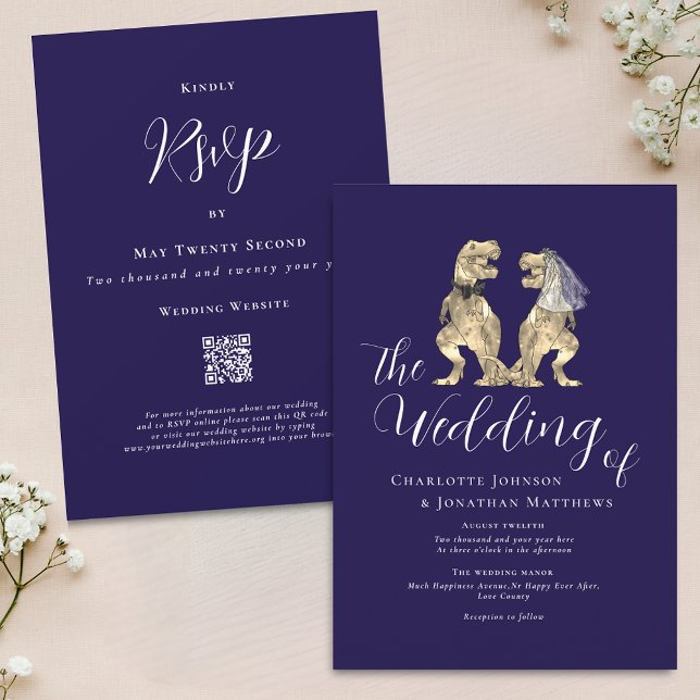 Invitation Mariage Thème Dinosaure Bleu Marine Blanc Code QR (Dinosaur theme wedding navy blue and white QR code invitation Elegant modern script )