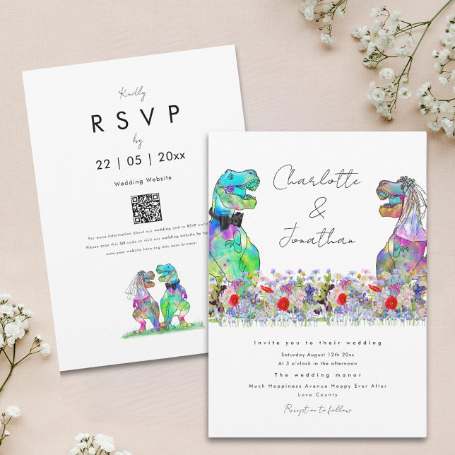 Invitation Mariage thème dinosaure Bohème Fleur Sauvage (Colorful wildflower boho dinosaur wedding invitation with qr code)