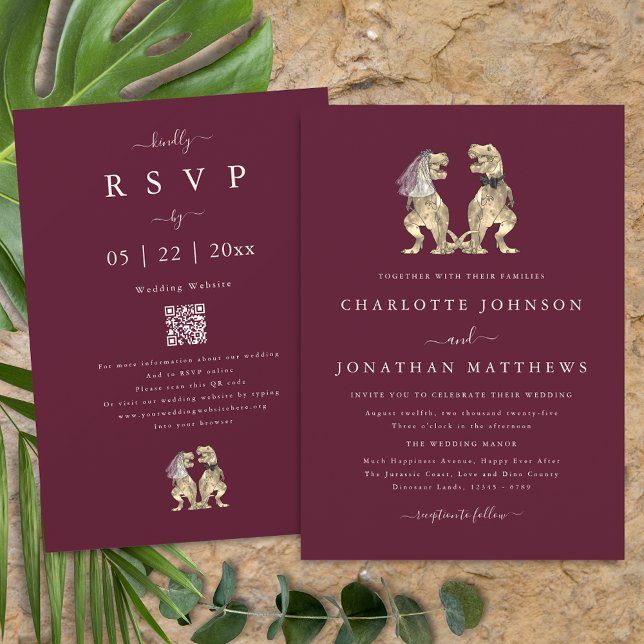 Invitation Mariage Thème Dinosaure Bordeaux Crème Code QR (Dinosaur theme wedding burgundy cream qr code invitation T-Rex dino bride and groom elegant modern)