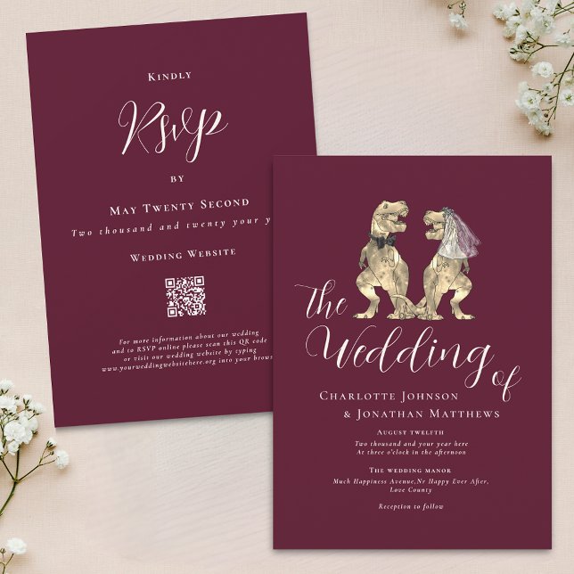 Invitation Mariage Thème Dinosaure Bordeaux Crème Code QR (Dinosaur theme wedding Burgundy and ivory Cream QR Code invitation elegant modern script T-Rex Dino)