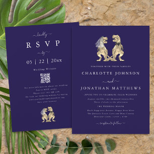 Invitation Mariage Thème Dinosaure Code QR Bleu Marine