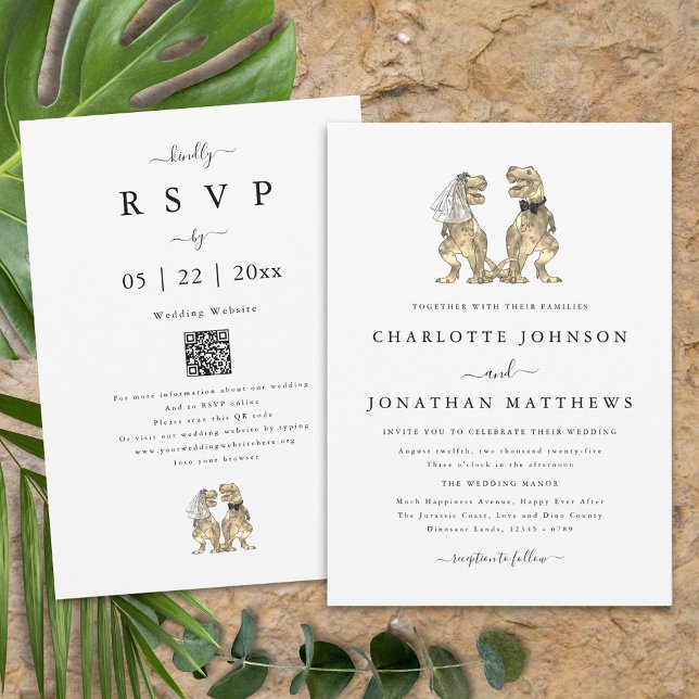Invitation Mariage Thème Dinosaure Code QR Noir et Blanc (Dinosaur theme wedding qr code invitation fun T-Rex dino bride and groom modern elegant script)