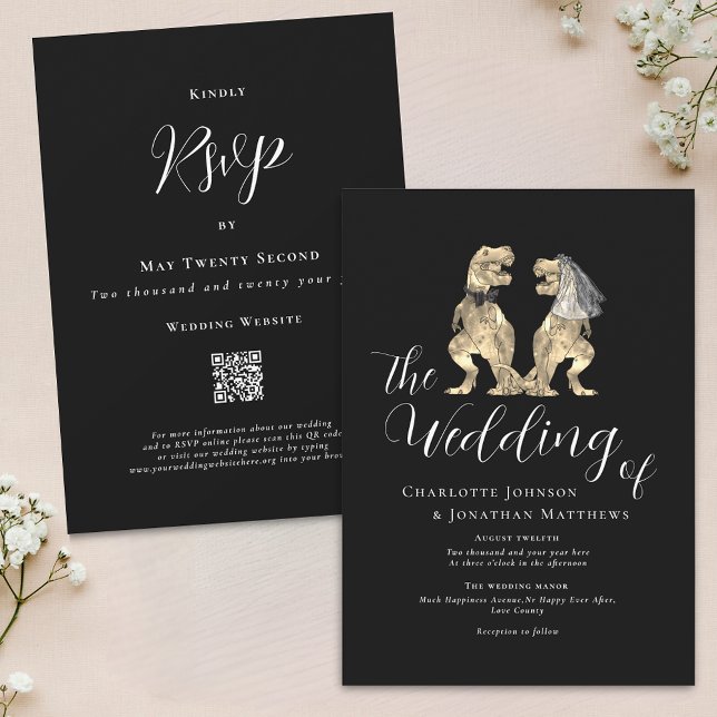 Invitation Mariage Thème Dinosaure Code QR Noir et Blanc (Dinosaur theme wedding black and white QR code invitation T-Rex dino Bride and groom elegant modern)