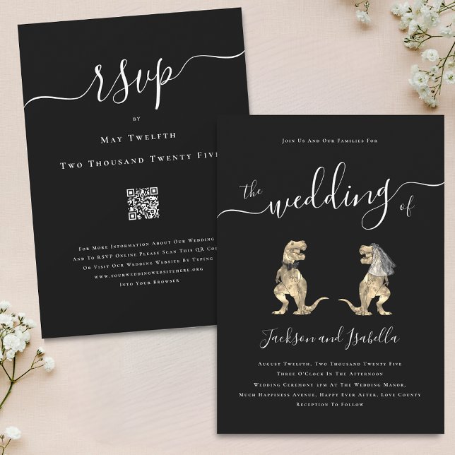 Invitation Mariage Thème Dinosaure Code QR Noir et Blanc (Dinosaur theme black and white wedding qr code invitation Elegant modern script T-Rex bride & groom)
