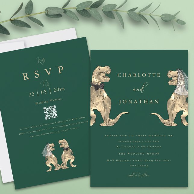 Invitation Mariage Thème Dinosaure code QR Vert (Dinosaur theme wedding dark green invitation Funny T-Rex bride and groom modern Jurassic wedding )