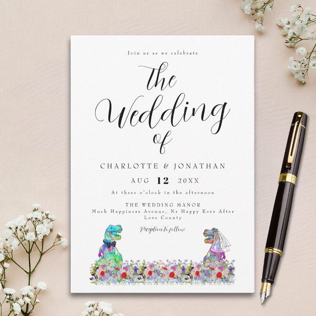 Invitation Mariage Thème Dinosaure Fleur Sauvage Coloré (Elegant colorful wildflower dinosaur theme wedding invitation)