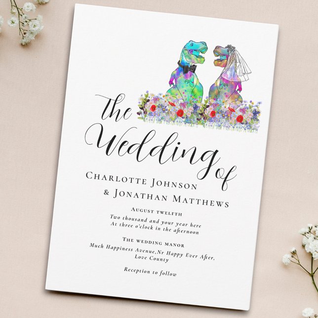 Invitation Mariage Thème Dinosaure Floral Coloré (Stylish script colorful wildflower dinosaur theme wedding invitation)
