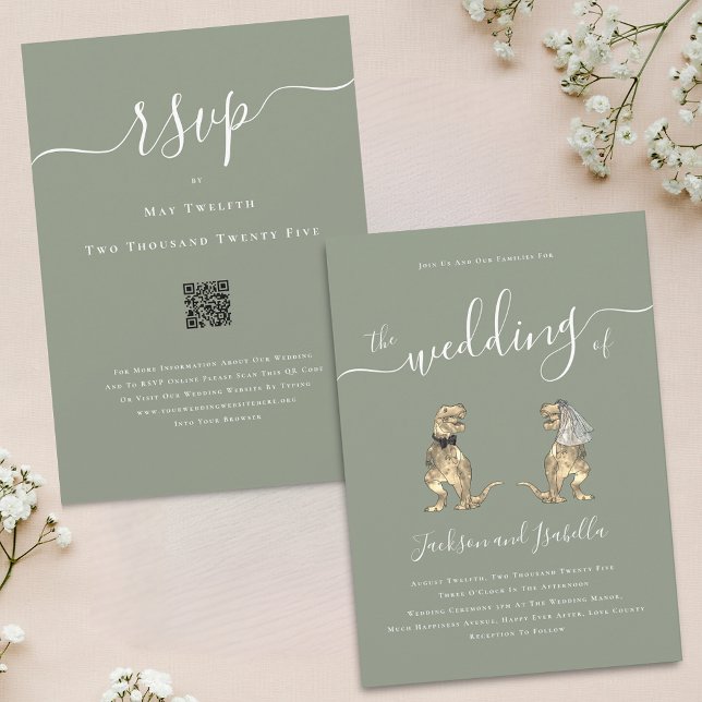 Invitation Mariage Thème Dinosaure Vert Sauge Blanc Code QR (Whimsical boho Dinosaur T-Rex bride and groom elegant sage green qr code wedding invitation)