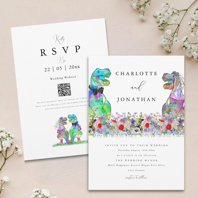 Invitation Mariage Thème Dinosaures Fleur Sauvage (Boho colorful wildflower dinosaur wedding invitation )