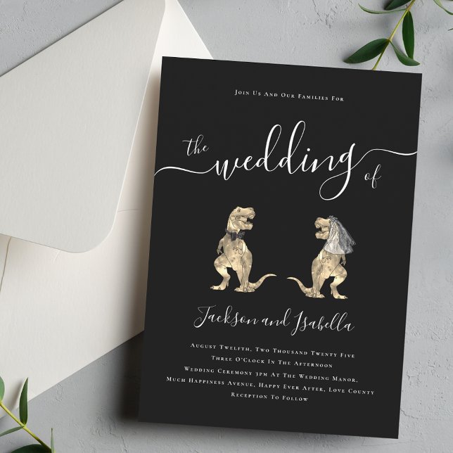 Invitation Mariage Thème Dinosaures Noir et Blanc (Black and white dinosaur theme wedding invitation modern Elegant script T-Rex dino bride and groom)