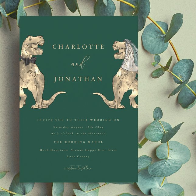 Invitation Mariage Thème Dinosaures Vert (Dinosaur theme dark green wedding invitation modern typography funny T-Rex dino bride and groom)