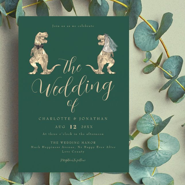 Invitation Mariage Thème Dinosaures Vert (Dinosaur theme wedding dark green invitation Funny T-Rex bride & groom modern elegant script )