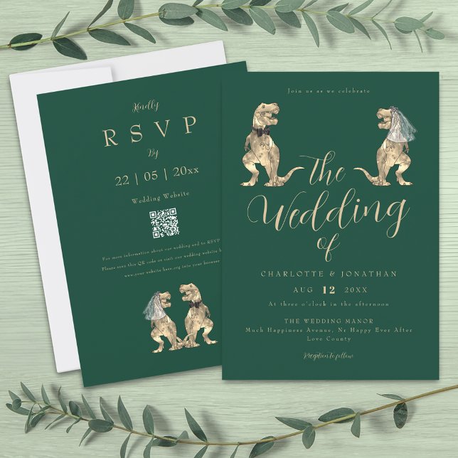 Invitation Mariage Thème Dinosaures Vert (Dinosaur theme wedding dark green QR code invitation funny T-Rex dino Bride & groom elegant script )
