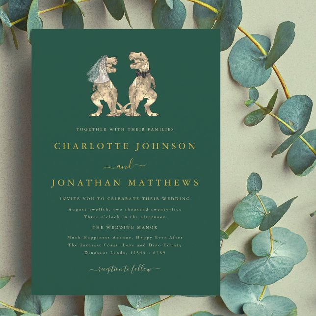 Invitation Mariage Thème Dinosaures Vert Or (Dinosaur theme wedding dark green gold invitation elegant modern fun T-Rex dino Bride and groom)