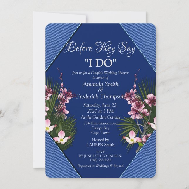 Invitation Mariage Thème Fleurs Bleu Marine et Roses (Devant)