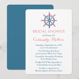 Invitation Mariage Thème Marin Roue de Bateau Rose et Bleu