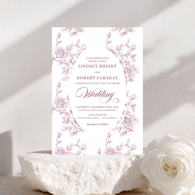 Invitation Mariage thème motif de roses roses et blanches rom (Romantic Pink and White Rose Pattern Wedding Invite)