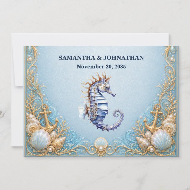 Invitation Mariage thème nautique cheval marin de luxe  (Devant)