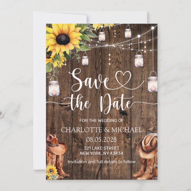 Invitation Mariage thème Western Tournesol Save the Date (Devant)