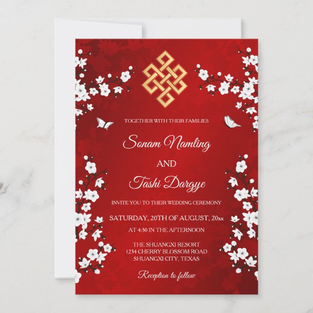 Invitation Mariage tibétain BILINGUE Fleur blanche (Devant)