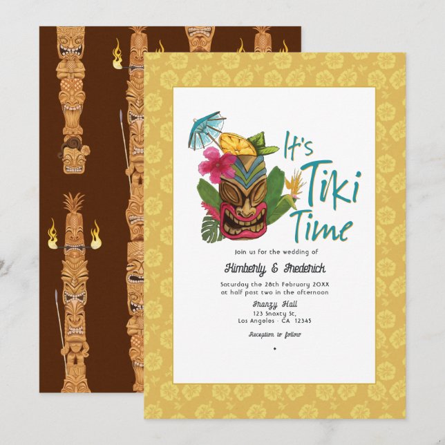 Invitation Mariage Tiki Tropical Ludique (Devant / Derrière)