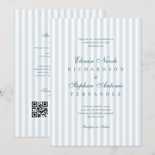 Invitation Mariage Timeless Luxe Écriture Rayures Bleues (Devant / Derrière)