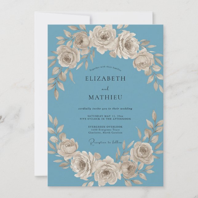 Invitation Mariage Timeless Rose Bleu Poussiéreux (Devant)