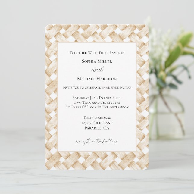 Invitation Mariage Tissage Panier Faux Blanc Crème (Debout devant)