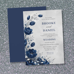 Invitation Mariage Tissu Croissant Argent Tulipe Marine Éléga