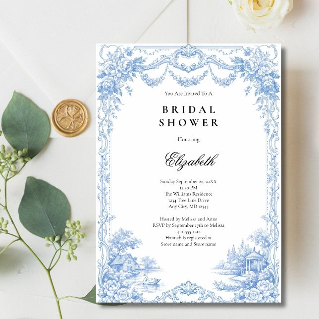 Invitation Mariage Toile Bleu Blanc Chinoiseries (French Blue White Toile Chinoiseries Bridal Shower invitation. Printed or Digital)