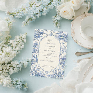 Invitation Mariage Toile de Jouy Florale Bleue Française