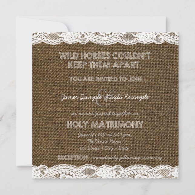 Invitation Mariage toile de jute et dentelle blanche (Devant)
