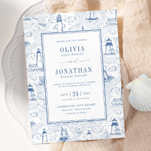 Invitation Mariage Toile de Phare Chic Côtière Bleue
