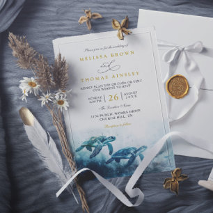 Invitation Mariage Tortue Marine Code QR Bleu Clair Mystique
