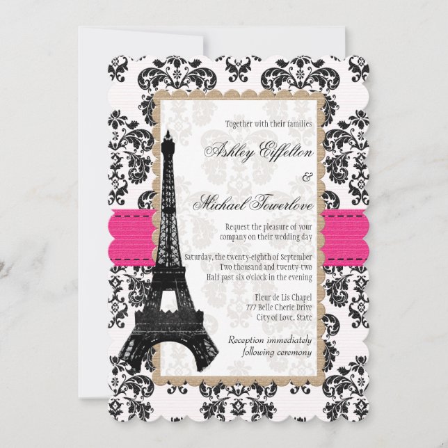 Invitation Mariage Tour Eiffel en damas rose et noir (Devant)