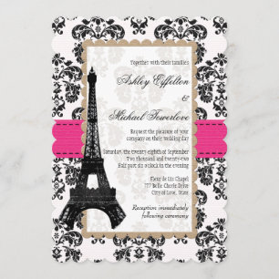Invitation Mariage Tour Eiffel en damas rose et noir