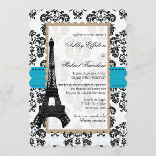 Invitation Mariage Tour Eiffel en Turquoise et Noir Damassé