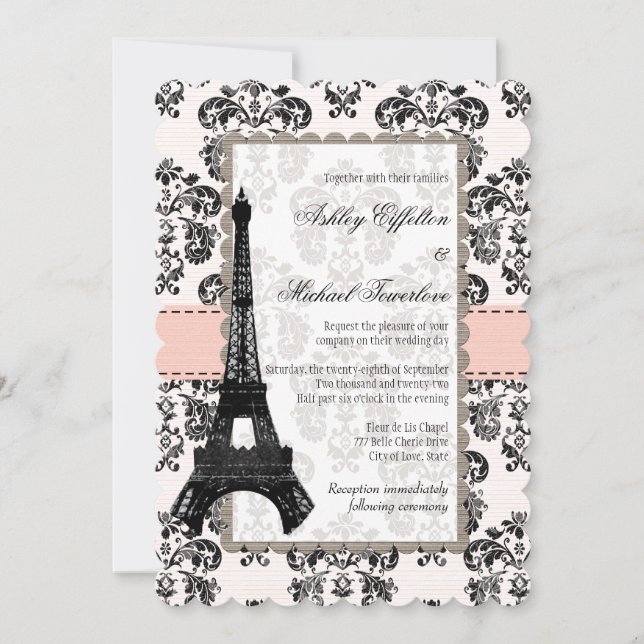 Invitation Mariage Tour Eiffel rose et noir (Devant)
